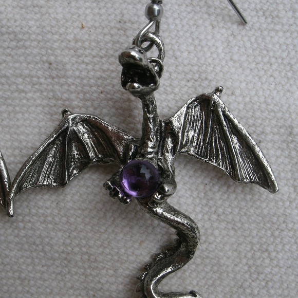 Pewter Flying Dragon Earrings Purple Sets - Picture 4 of 8